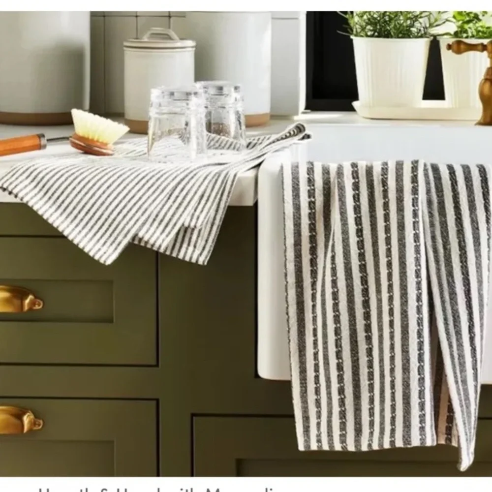 NWT Hearth &‎ Hand Black and White Striped Ticking Kitchen Towels Set